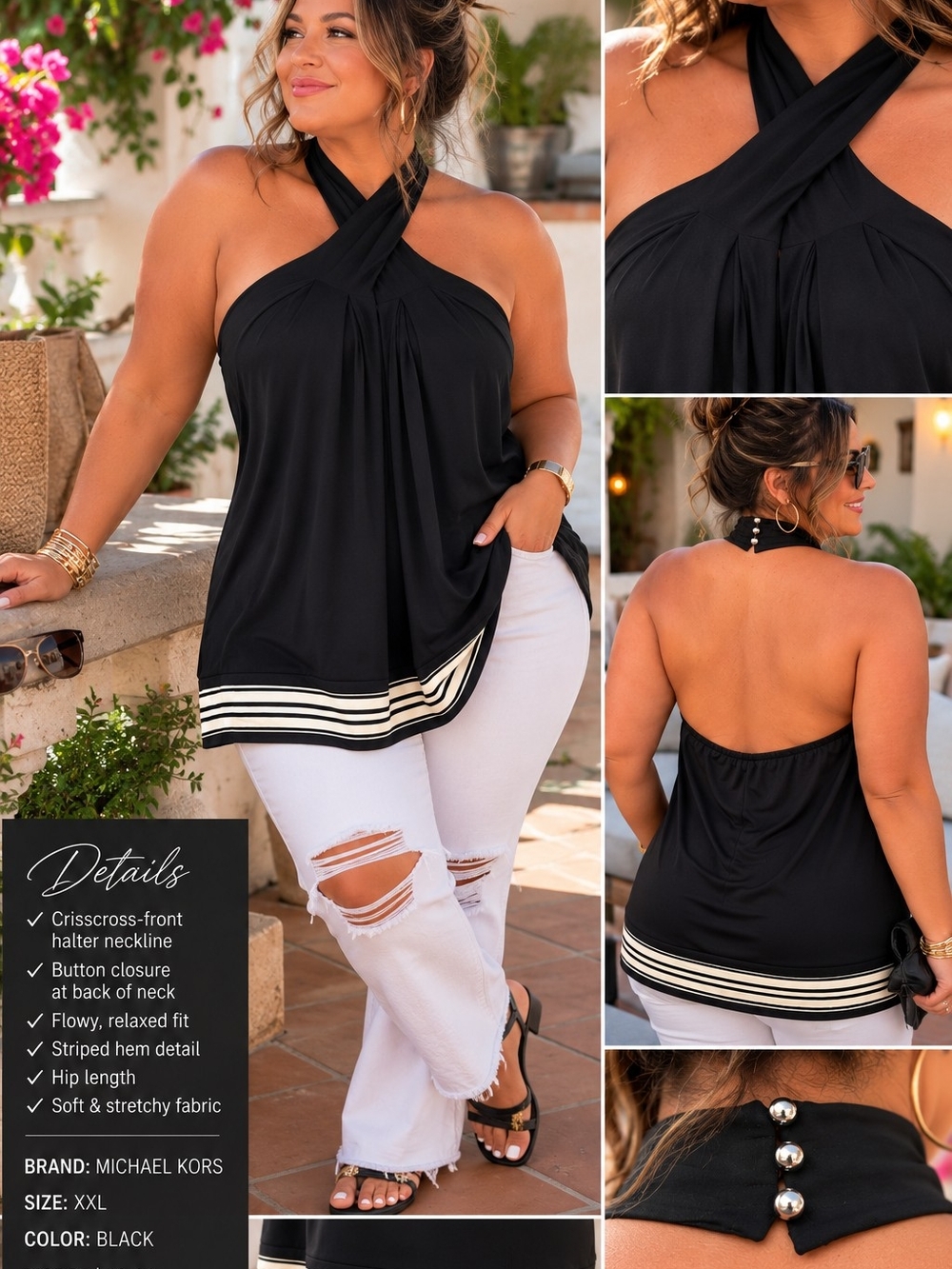 MICHAEL KORS Black Crisscross Stripe-Hem Halter Top - NWT - XXL
